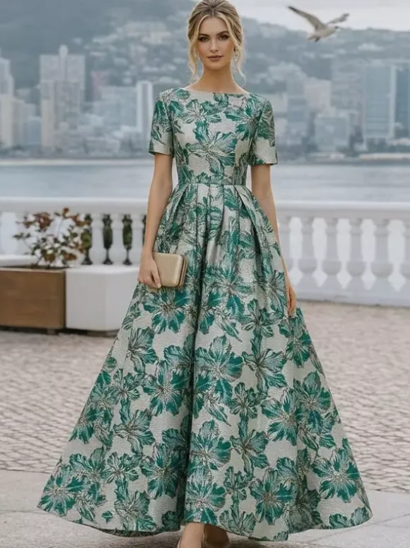 Robe de soirée pour la mère de la mariée col rond manches courtes coupe trapèze robe d'invitée de mariage