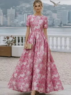 Robe de soirée pour la mère de la mariée col rond manches courtes coupe trapèze robe d'invitée de mariage