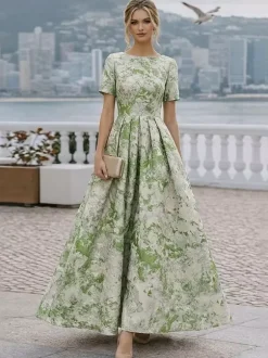 Robe de soirée pour la mère de la mariée col rond manches courtes coupe trapèze robe d'invitée de mariage