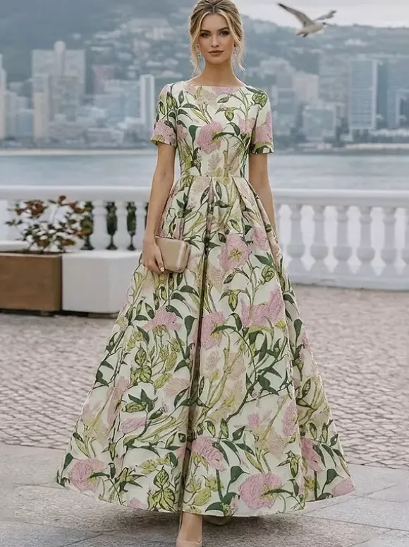 Robe de soirée pour la mère de la mariée col rond manches courtes coupe trapèze robe d'invitée de mariage