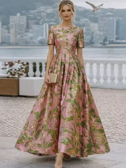 Robe de soirée pour la mère de la mariée col rond manches courtes coupe trapèze robe d'invitée de mariage