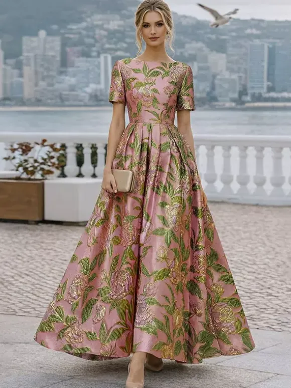 Robe de soirée pour la mère de la mariée col rond manches courtes coupe trapèze robe d'invitée de mariage