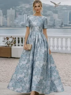 Robe de soirée pour la mère de la mariée col rond manches courtes coupe trapèze robe d'invitée de mariage