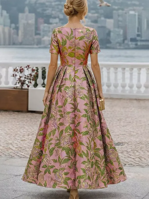 Robe de soirée pour la mère de la mariée col rond manches courtes coupe trapèze robe d'invitée de mariage