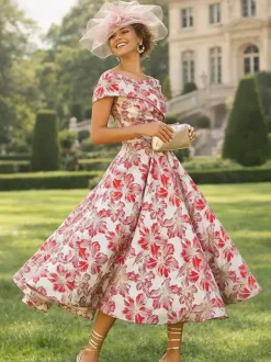 Robe de soirée pour la mère de la mariée décolleté travaillé manches courtes coupe trapèze longueur thé.