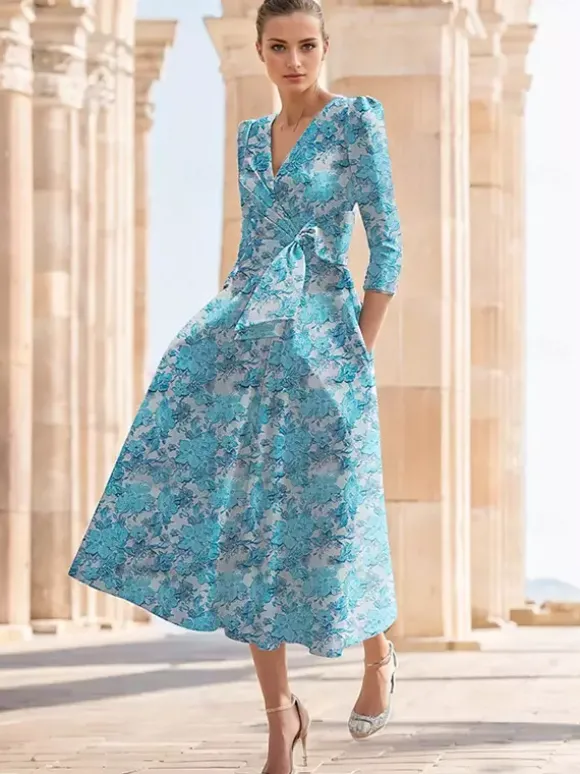 Robe de soirée pour la mère de la mariée col en V manches 3/4 coupe trapèze n艙uds longueur thé robe d'invitée de mariage