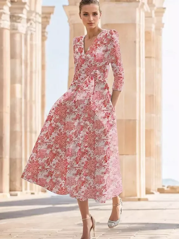 Robe de soirée pour la mère de la mariée col en V manches 3/4 coupe trapèze n艙uds longueur thé robe d'invitée de mariage