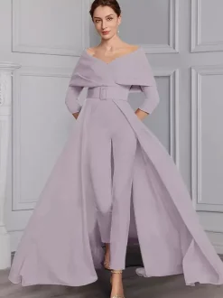 Robe de soirée pour la mère de la mariée décolleté conçu manches 3/4 combinaison ceinture longueur au sol robes d'invitées de mariage