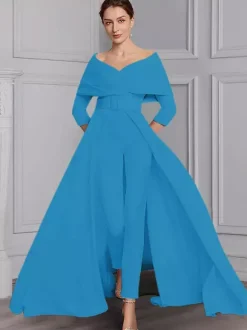 Robe de soirée pour la mère de la mariée décolleté conçu manches 3/4 combinaison ceinture longueur au sol robes d'invitées de mariage