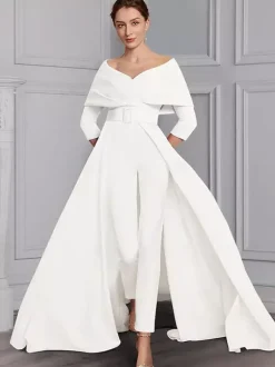 Robe de soirée pour la mère de la mariée décolleté conçu manches 3/4 combinaison ceinture longueur au sol robes d'invitées de mariage
