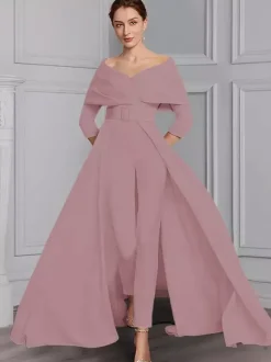 Robe de soirée pour la mère de la mariée décolleté conçu manches 3/4 combinaison ceinture longueur au sol robes d'invitées de mariage