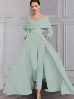 Robe de soirée pour la mère de la mariée décolleté conçu manches 3/4 combinaison ceinture longueur au sol robes d'invitées de mariage