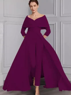 Robe de soirée pour la mère de la mariée décolleté conçu manches 3/4 combinaison ceinture longueur au sol robes d'invitées de mariage