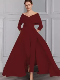 Robe de soirée pour la mère de la mariée décolleté conçu manches 3/4 combinaison ceinture longueur au sol robes d'invitées de mariage
