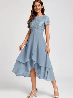 Robe de soirée pour mère de la mariée col bijou manches courtes ligne a robes d'invitées asymétriques pour mariage