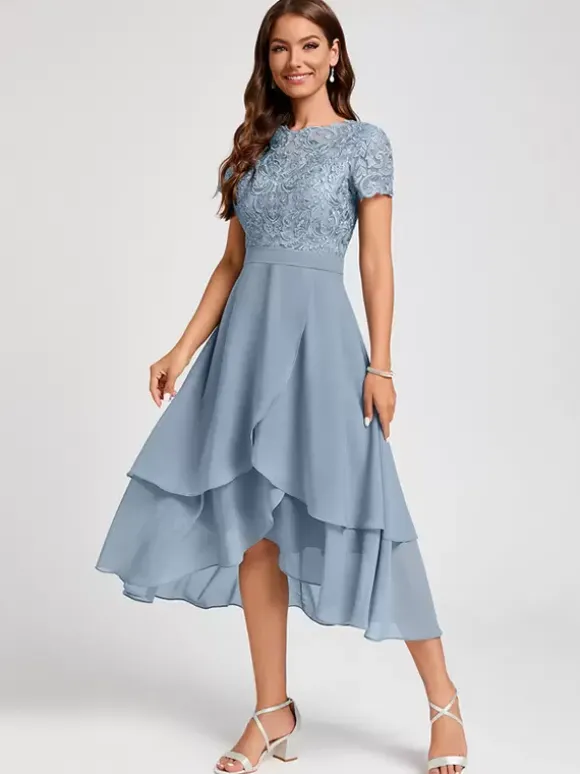 Robe de soirée pour mère de la mariée col bijou manches courtes ligne a robes d'invitées asymétriques pour mariage