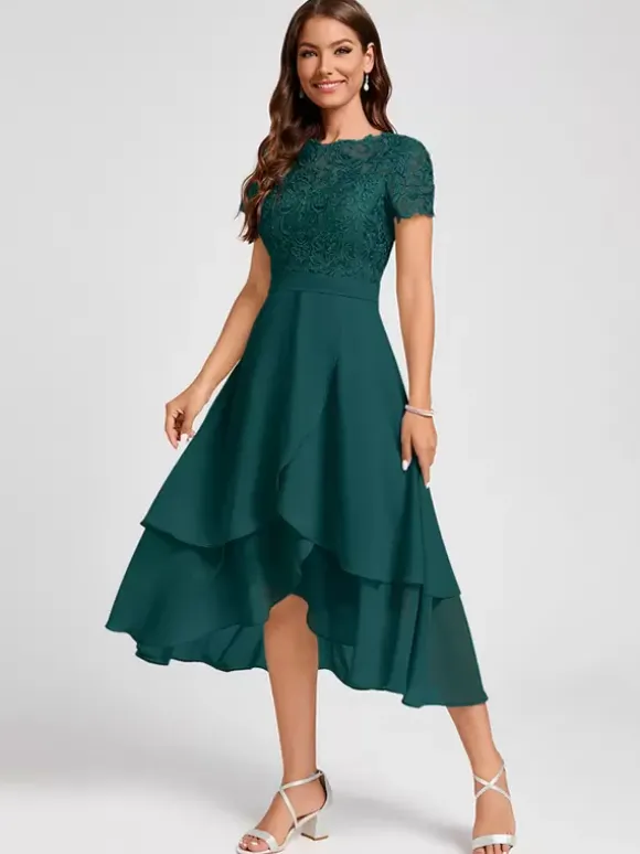 Robe de soirée pour mère de la mariée col bijou manches courtes ligne a robes d'invitées asymétriques pour mariage