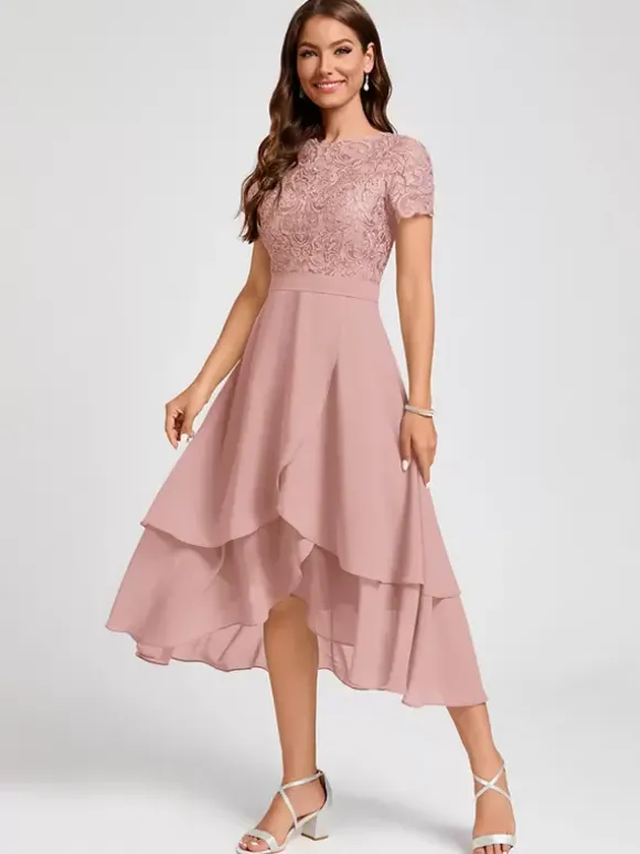 Robe de soirée pour mère de la mariée col bijou manches courtes ligne a robes d'invitées asymétriques pour mariage