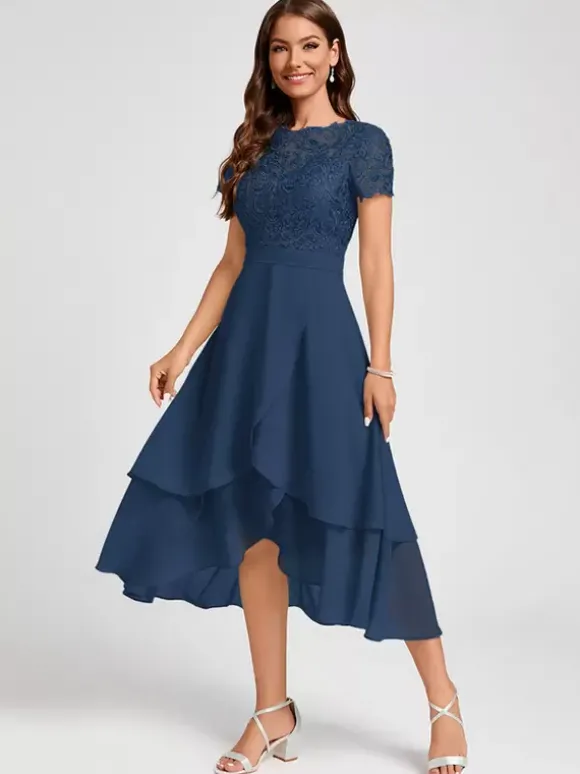 Robe de soirée pour mère de la mariée col bijou manches courtes ligne a robes d'invitées asymétriques pour mariage