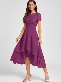 Robe de soirée pour mère de la mariée col bijou manches courtes ligne a robes d'invitées asymétriques pour mariage