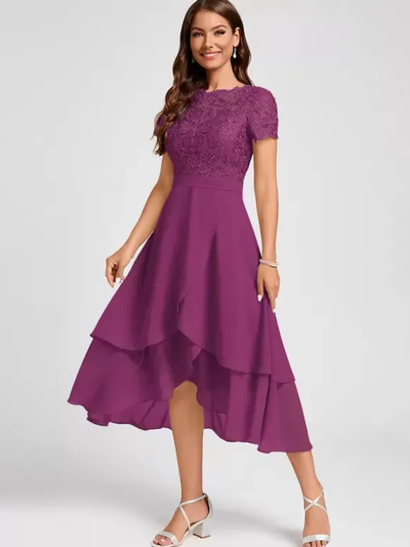 Robe de soirée pour mère de la mariée col bijou manches courtes ligne a robes d'invitées asymétriques pour mariage