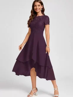 Robe de soirée pour mère de la mariée col bijou manches courtes ligne a robes d'invitées asymétriques pour mariage