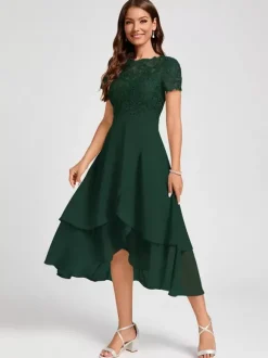 Robe de soirée pour mère de la mariée col bijou manches courtes ligne a robes d'invitées asymétriques pour mariage