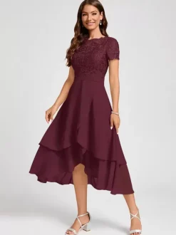 Robe de soirée pour mère de la mariée col bijou manches courtes ligne a robes d'invitées asymétriques pour mariage