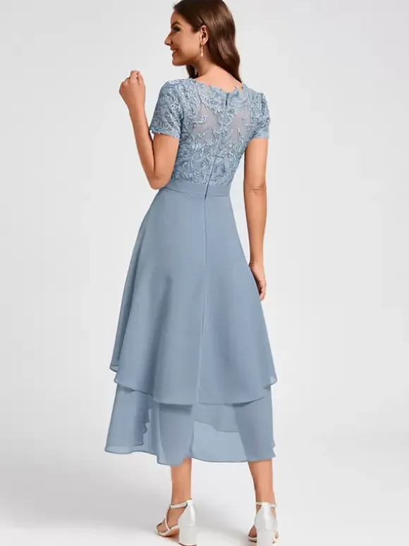 Robe de soirée pour mère de la mariée col bijou manches courtes ligne a robes d'invitées asymétriques pour mariage