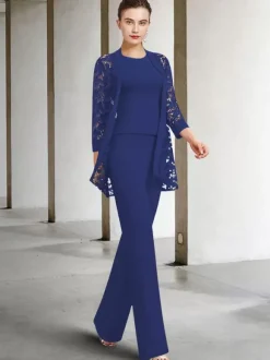 Robe de soirée pour mère de la mariée col bijou manches 3/4 ligne a dentelle longueur cheville robes d'invitées pour mariage personnalisation gratuite