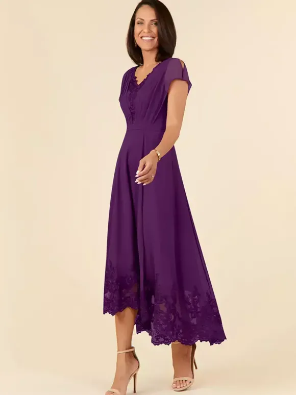 Robe de soirée pour mère de la mariée col en v sans manches ligne a plissée longueur cheville robes d'invitées de mariage
