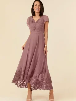 Robe de soirée pour mère de la mariée col en v sans manches ligne a plissée longueur cheville robes d'invitées de mariage