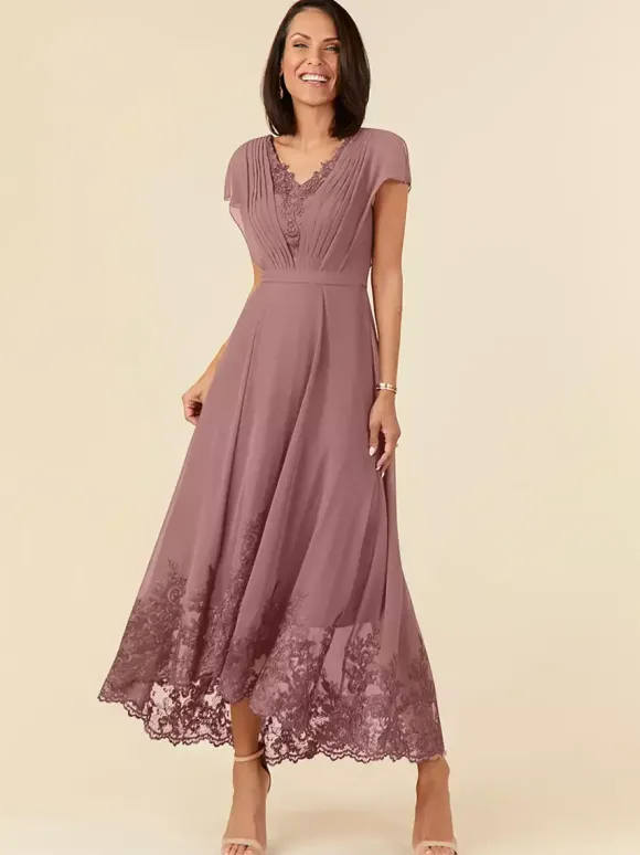 Robe de soirée pour mère de la mariée col en v sans manches ligne a plissée longueur cheville robes d'invitées de mariage