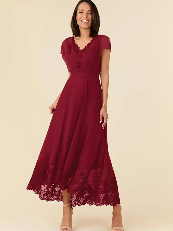 Robe de soirée pour mère de la mariée col en v sans manches ligne a plissée longueur cheville robes d'invitées de mariage