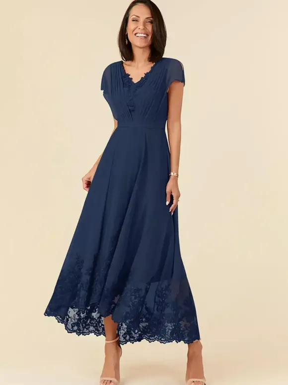 Robe de soirée pour mère de la mariée col en v sans manches ligne a plissée longueur cheville robes d'invitées de mariage