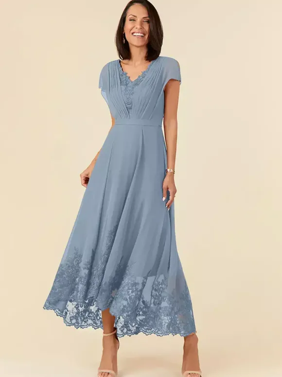 Robe de soirée pour mère de la mariée col en v sans manches ligne a plissée longueur cheville robes d'invitées de mariage