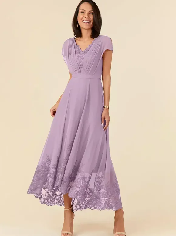 Robe de soirée pour mère de la mariée col en v sans manches ligne a plissée longueur cheville robes d'invitées de mariage