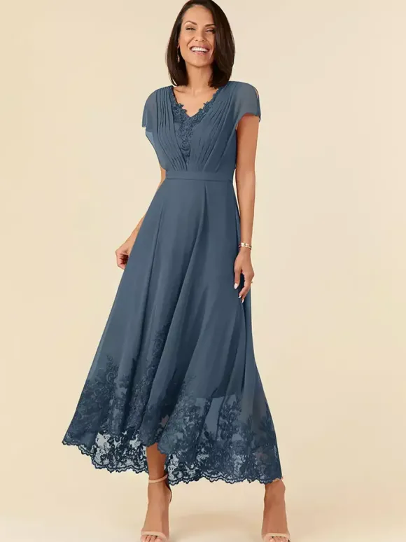 Robe de soirée pour mère de la mariée col en v sans manches ligne a plissée longueur cheville robes d'invitées de mariage