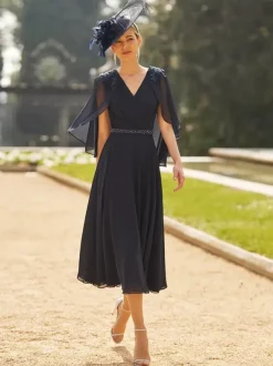 Robe de soirée pour mère de la mariée col en v demi-manches ligne a ceinture longueur thé robes d'invitées pour mariage