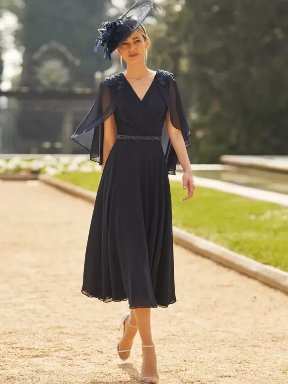 Robe de soirée pour mère de la mariée col en v demi-manches ligne a ceinture longueur thé robes d'invitées pour mariage