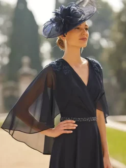 Robe de soirée pour mère de la mariée col en v demi-manches ligne a ceinture longueur thé robes d'invitées pour mariage