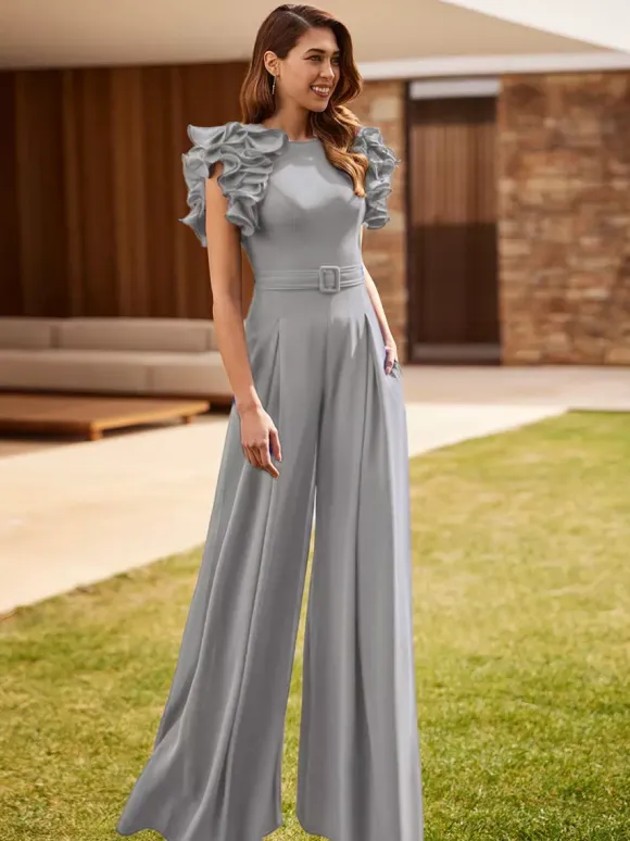 Robe de soirée pour mère de la mariée combinaison sans manches à col bijou à volants robes d'invitées de mariage