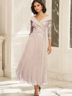 Robe de soirée pour mère de la mariée col en V manches 3/4 robe de bal dentelle longueur thé robes d'invitées pour mariage