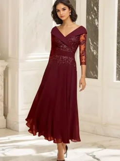 Robe de soirée pour mère de la mariée col en V manches 3/4 robe de bal dentelle longueur thé robes d'invitées pour mariage