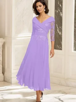 Robe de soirée pour mère de la mariée col en V manches 3/4 robe de bal dentelle longueur thé robes d'invitées pour mariage