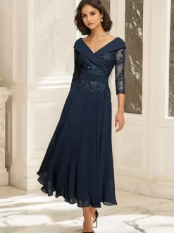 Robe de soirée pour mère de la mariée col en V manches 3/4 robe de bal dentelle longueur thé robes d'invitées pour mariage