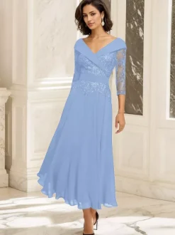 Robe de soirée pour mère de la mariée col en V manches 3/4 robe de bal dentelle longueur thé robes d'invitées pour mariage