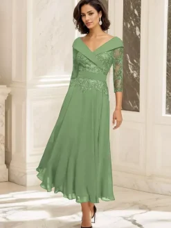 Robe de soirée pour mère de la mariée col en V manches 3/4 robe de bal dentelle longueur thé robes d'invitées pour mariage