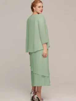 Robe de soirée pour mère de la mariée col bijou sans manches deux pièces à volants robes d'invitées de mariage