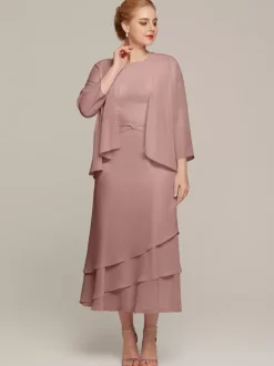 Robe de soirée pour mère de la mariée col bijou sans manches deux pièces à volants robes d'invitées de mariage